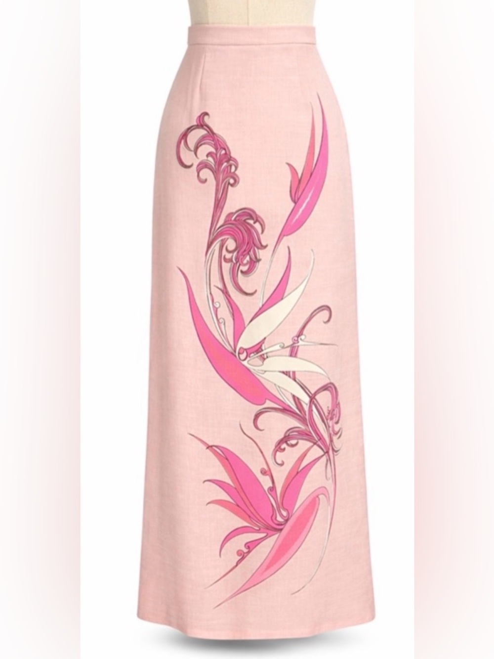 Vintage pink mid century maxi skirt- painted floral design- XS